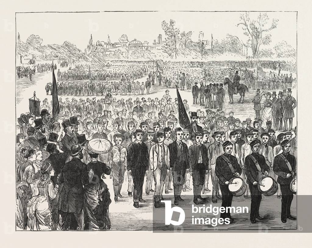 Drill Inspection of Boys Attending Schools Under the Control of the School Board for London, in Regents Park, London, Engraving 1876, UK