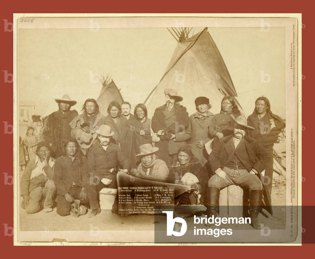 Indian Chiefs and U.S. Officials. Two Strike. Crow Dog. Short Bull. High Hawk. Two Lance. Kicking Bear. Good Voice. Thunder Hawk.  Rocky Bear.  Young Man Afraid of His Horse.  American Horse. W.F. Cody (Buffalo Bill). Maj. J.M. Burk. J.C. Craiger. J. Mcdonald. J.G. Worth. Taken at Pine Ridge