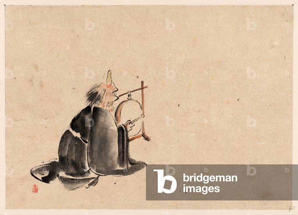 [a Monk Wearing a Mask(?) with a Horn, Sitting on the Ground Beating a Drum (Tsuri-Daiko)], [Between 1750 and 1850] 1 Painting : Color.