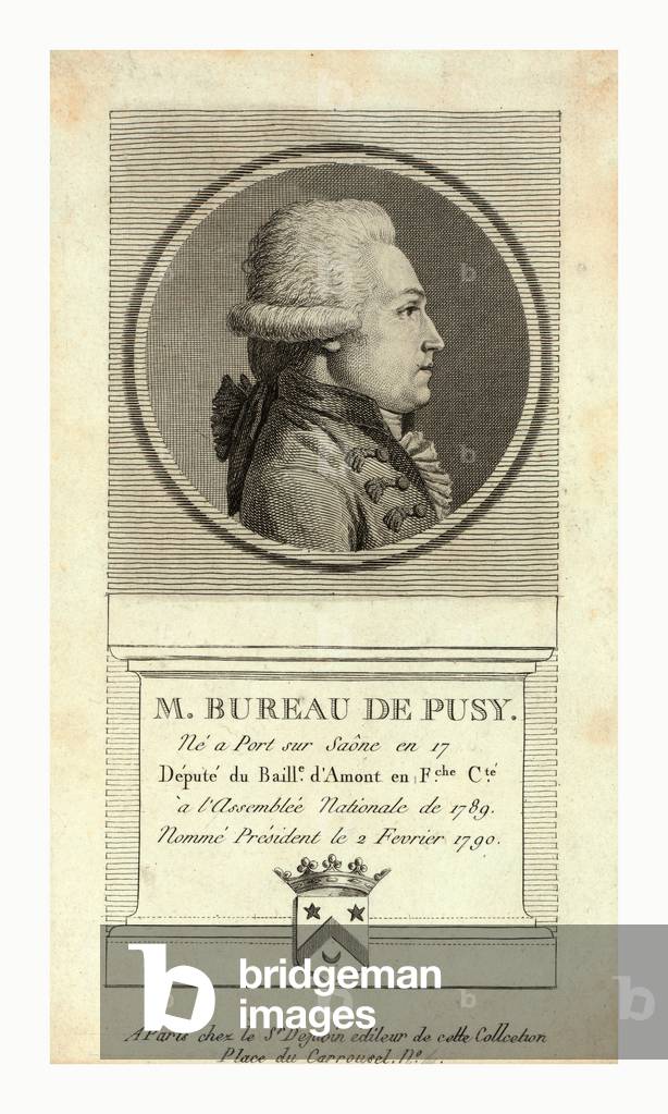 M. Bureau De Pusy Né a Port Sur Saône En 17[...], Député Du Baille D'Amont En Fche Cté À L'Assemblée Nationale De 1789, Nommé Président Le 2 Fevrier 1790, Paris : Chez Le Sr. Dejabin, Éditeur, Between 1790 and 1850 , Head-and-Shoulders Profile Portrait of Jean Xavier Bureaux De Pusy. Chez Le Sr. Dejabin, Éditeur De Cette Collcetion [Sic], [Between 1790 and 1850]