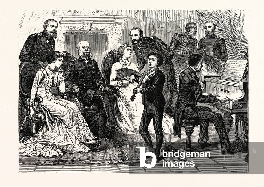 Maurice Dengremont, the Young Violinist, Playing Before the Imperial Family of Germany. Brasilian Violinist, 1867 - 1893, Engraving 1880 1881