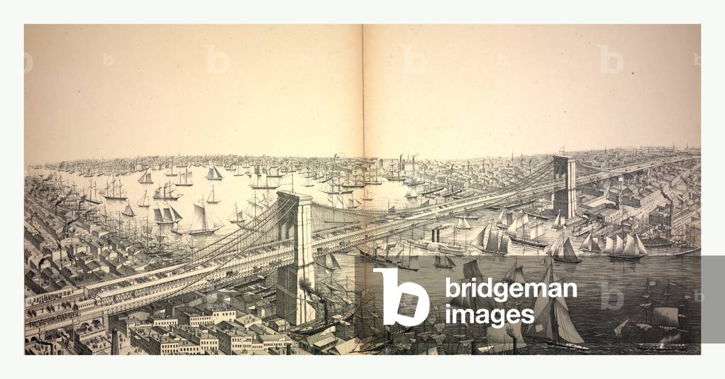 Bird's Eye View of the Great Suspension Bridge, Connecting the Cities of New York and Brooklyn from New York Looking South-East, Circa 1883, US, USA, America