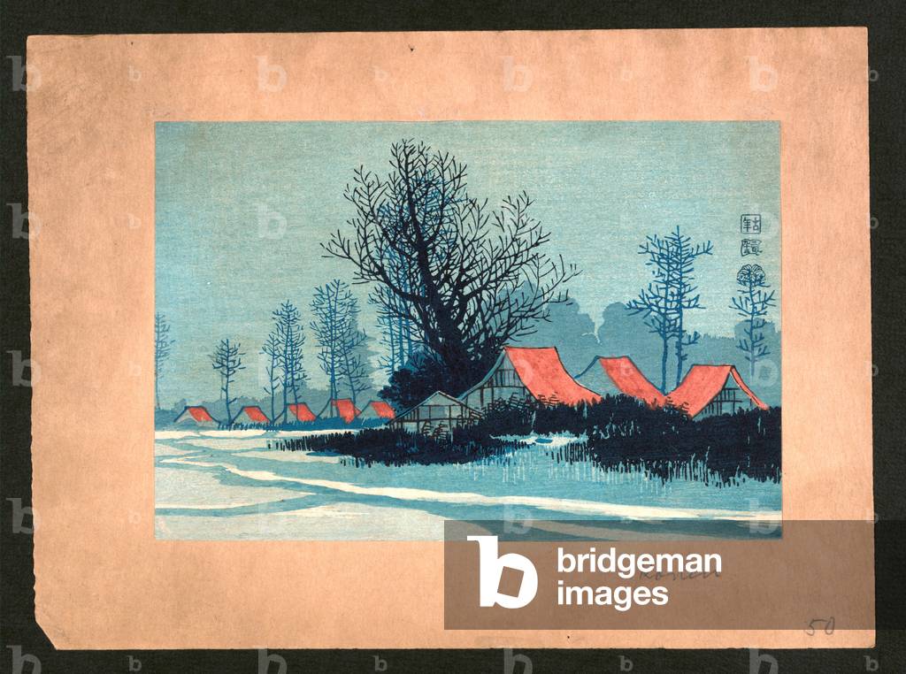Aka Yane No Ieie, Red Roofs. [Between 1900 and 1920], 1 Print : Woodcut, Color ; 12.1 X 18 ., Print Shows the Red Roofs of Low Buildings in a Winter Landscape.