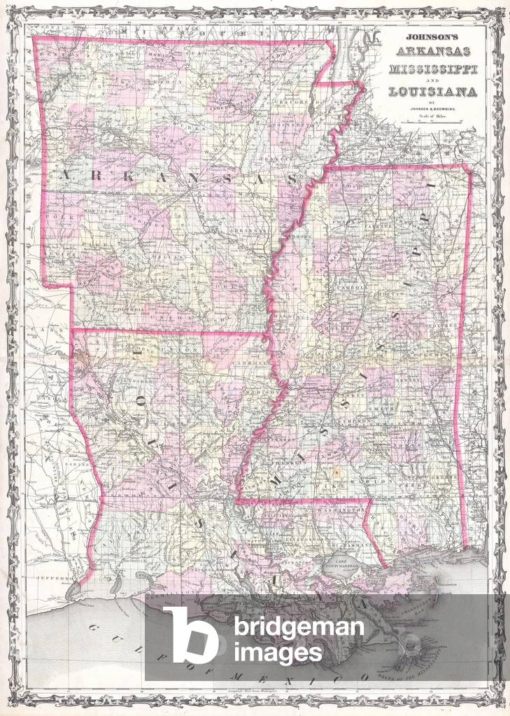 1861, Johnson Map of Mississippi, Louisiana and Arkansas