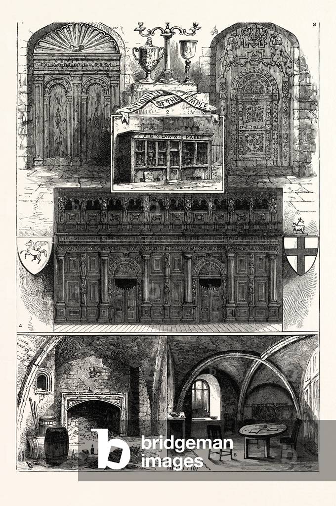 1. Door from the Middle Temple. 2. Wig-Shop in the Middle Temple. 3. Door from the Inner Temple. 4. Screen of the Middle Temple Hall 5. Fireplace in the Inner Temple. 6. Buttery of the Inner Temple. London