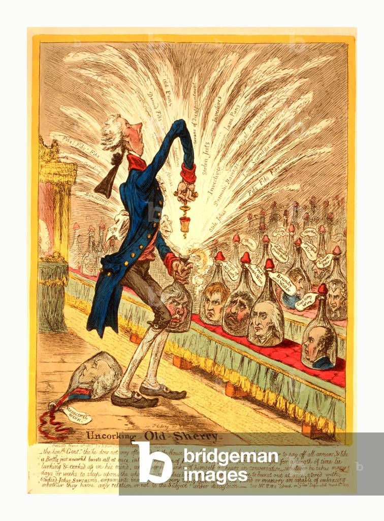 Uncorking Old Sherry, William Pitt Stands in the House of Commons, Facing the Opposition which is Represented by Bottles Containing the Heads of the Most Well-Known Opposition Leaders Including Fox, Tierney, Windham and Grey. At Pitt's Feet is a Bottle Containing the Head of Sidmouth. Pitt is Uncorking a Bottle Containing the Head of Sheridan, the Contents of which Spray Up and on which Appear Inscriptions Describing Excessive Oratory, Apparently by the Opposition.