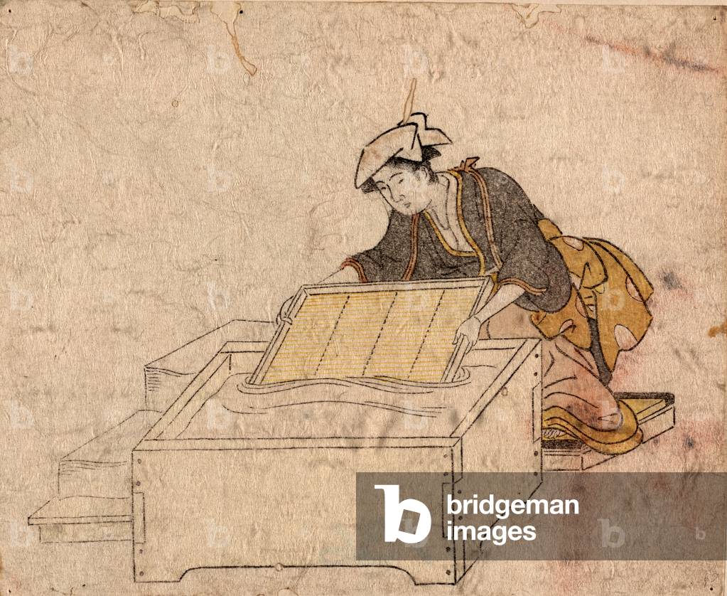 Kamisuki, Making Paper. Print Shows a Worker Making Paper by Dipping the Frame Into a Vat of Water and Pulp.