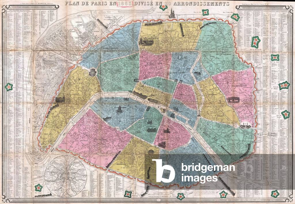 1863, Henriot Pocket Map of Paris, France