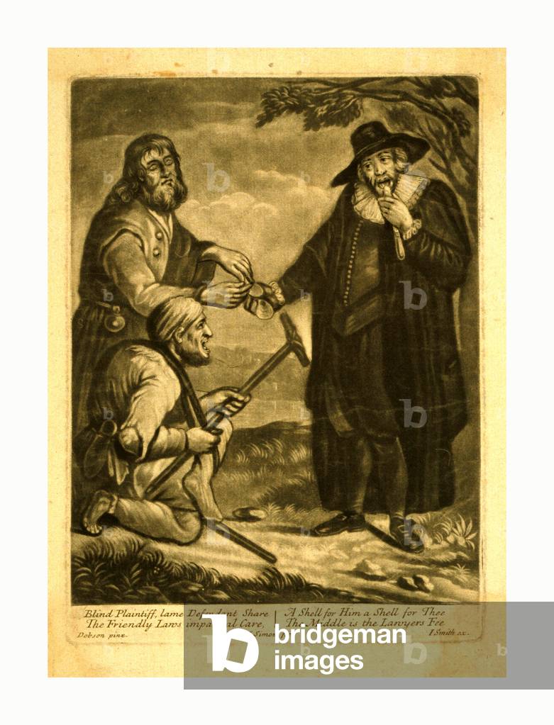 Blind Plaintiff, Lame Defendant Share, Simon, John, 1675-Approximately 1755., [Between 1700 and 1740], Two Handicapped Persons Each Receiving Half of an Oyster Shell from a Lawyer While He Consumes the Oyster.