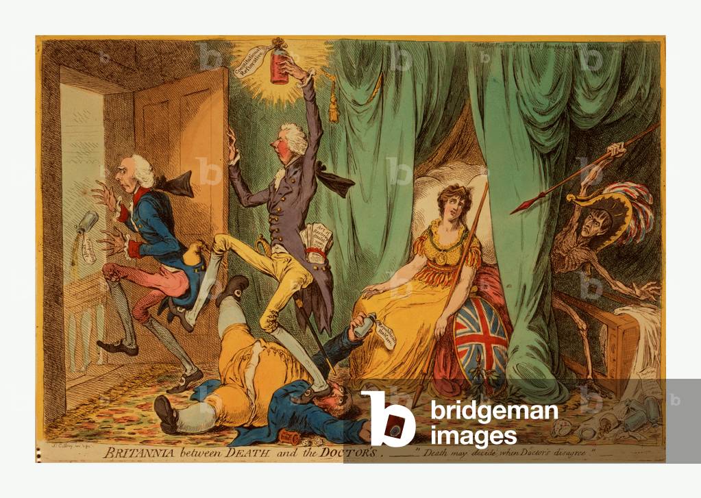 Britannia Between Death and the Doctor's, Gillray, James, 1756-1815, Artist, [London], 1804, a Faint Britannia Seated on Bed with Three Doctors, William Pitt Kicking Henry Addington and Stepping on Charles James Fox. The Figure of Death, with Napoleon's Head, Strides from behind Bed Curtains.