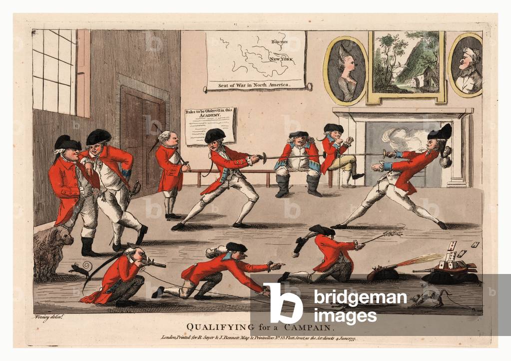 Qualifying for a Campain, an Interior View of a Room at a Military Academy in which British Officers, in a Child-Like Manner, Demonstrate Skills in Hopes of Securing a Command for the War with the American Colonies.