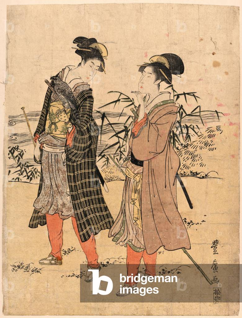 Yatsushi Takajo, Transformed Falconry. [Between 1798 and 1801], 1 Print : Woodcut, Color ; 34.1 X 26 ., Print Shows Two Men Walking, One with a Falcon on His Left Arm.