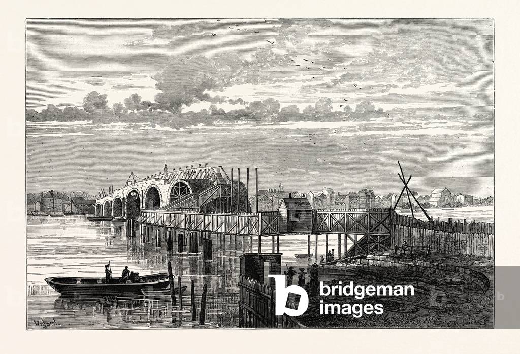 Blackfriars Old Bridge During Its Construction Showing the Temporary Foot Bridge. From a Print of 1775 London