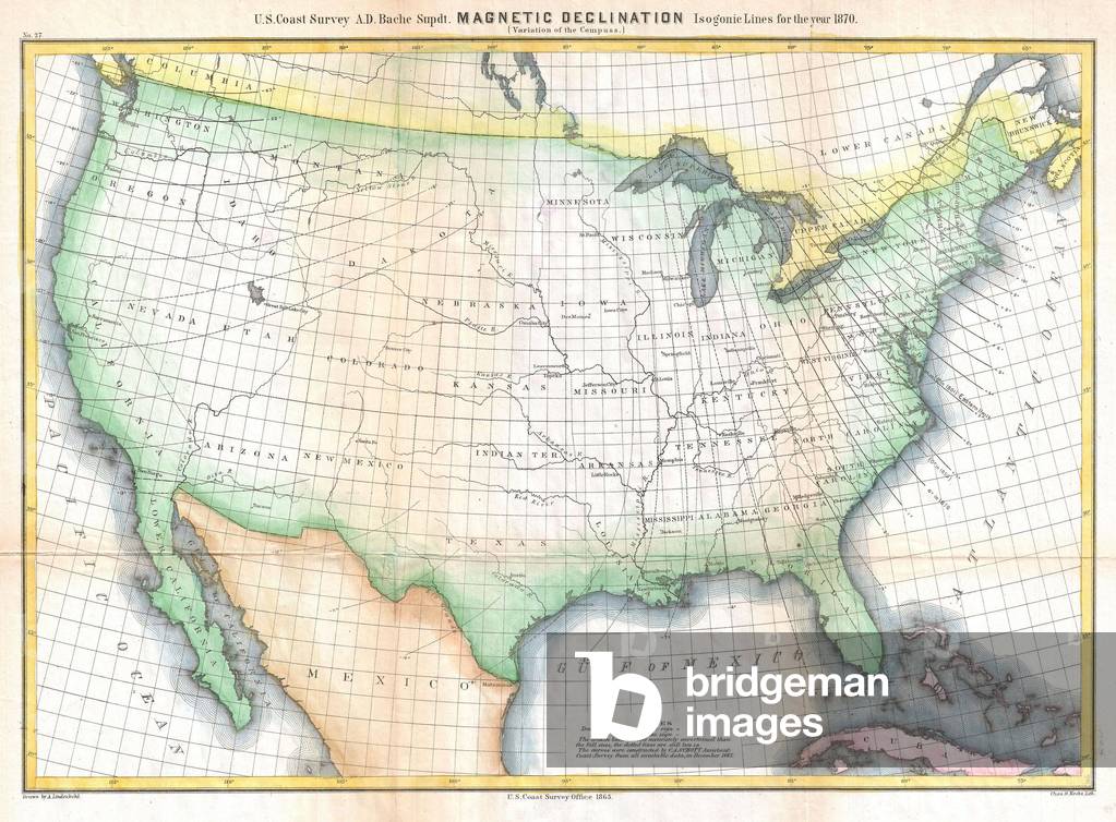 1870, U.S. Coast Survey Map Showing Magnetic Declination in the United States