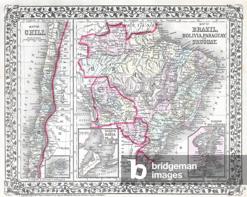 1874, Mitchell Map of South America, Brazil, Bolivia, Papaguay, Uruguay and Chili.