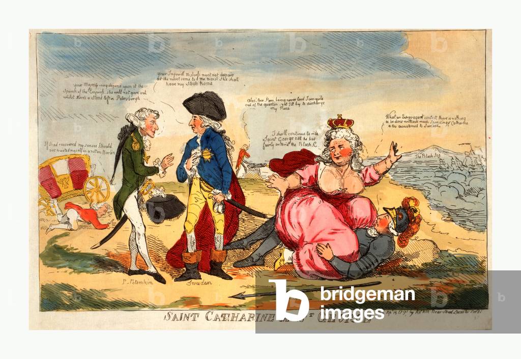 Saint Catharine and St. George, Engraving 1791, Potemkin Addressing a Man Identified As Sweden with His Back to Catherine II As She Suggestively Mounts St. George Who is Dressed As a Knight Representing George III.