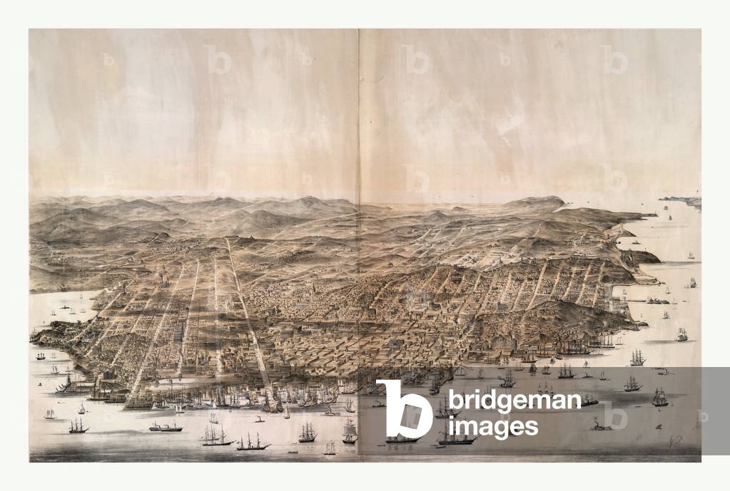 Bird's-Eye View of San Francisco, California from above the Bay Looking West, US, USA, America