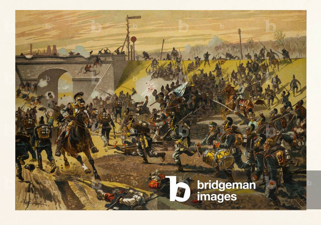 Assault on the Railway Dam Before Orleans by the First Bavarian Corps on 11 October 1870. The Franco-Prussian War or Franco-German War, Often Referred to in France As the War of 1870. Christian Georg Speyer, 1855 Vorbachzimmern - 1929 Stuttgart. German Painter and Illustrator, a Professor at the Stuttgart Academy of Arts (1901-1924)