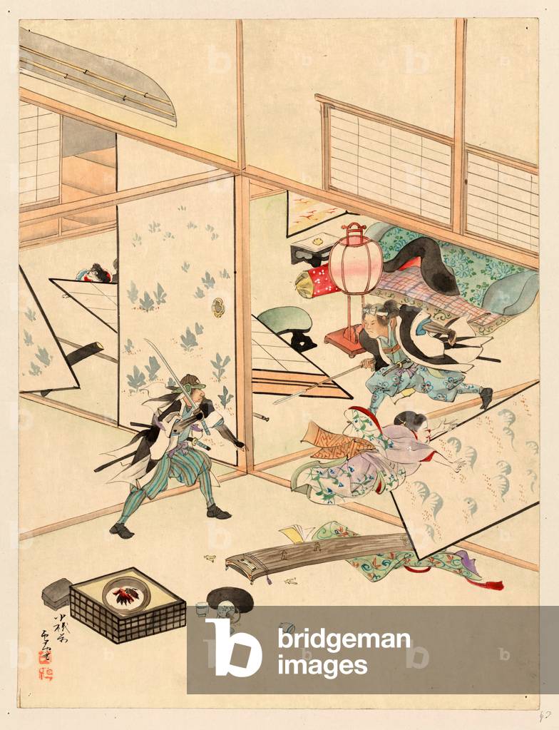 [Juichidanme - Act Eleven of the Chushingura - Searching the House], [Between 1800 and 1850] Disrupting a Woman Playing the Koto and Knocking Down Partitions.