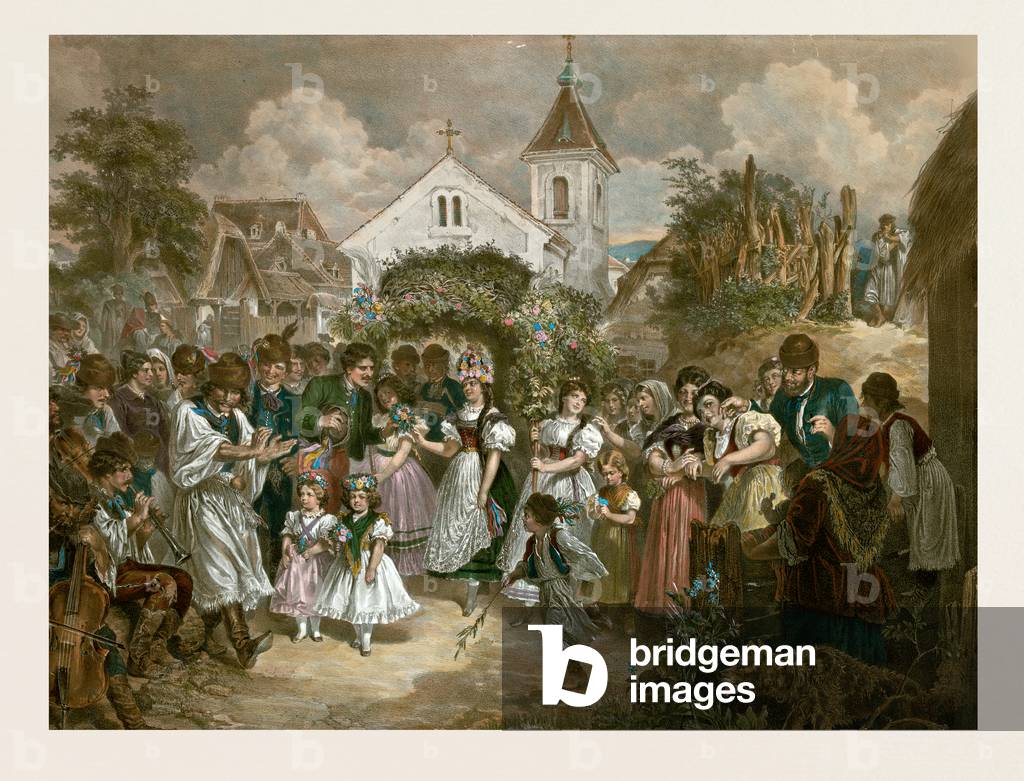 Queen of Pentecost, Hungary, 19th Century, Village Party, Man, Woman, Children, Girls, Flowers, Musical Instruments, Dance, Liszt Gourmet Archive, Hungarian Folk Dress, Boy, Dog, Flowery Arch