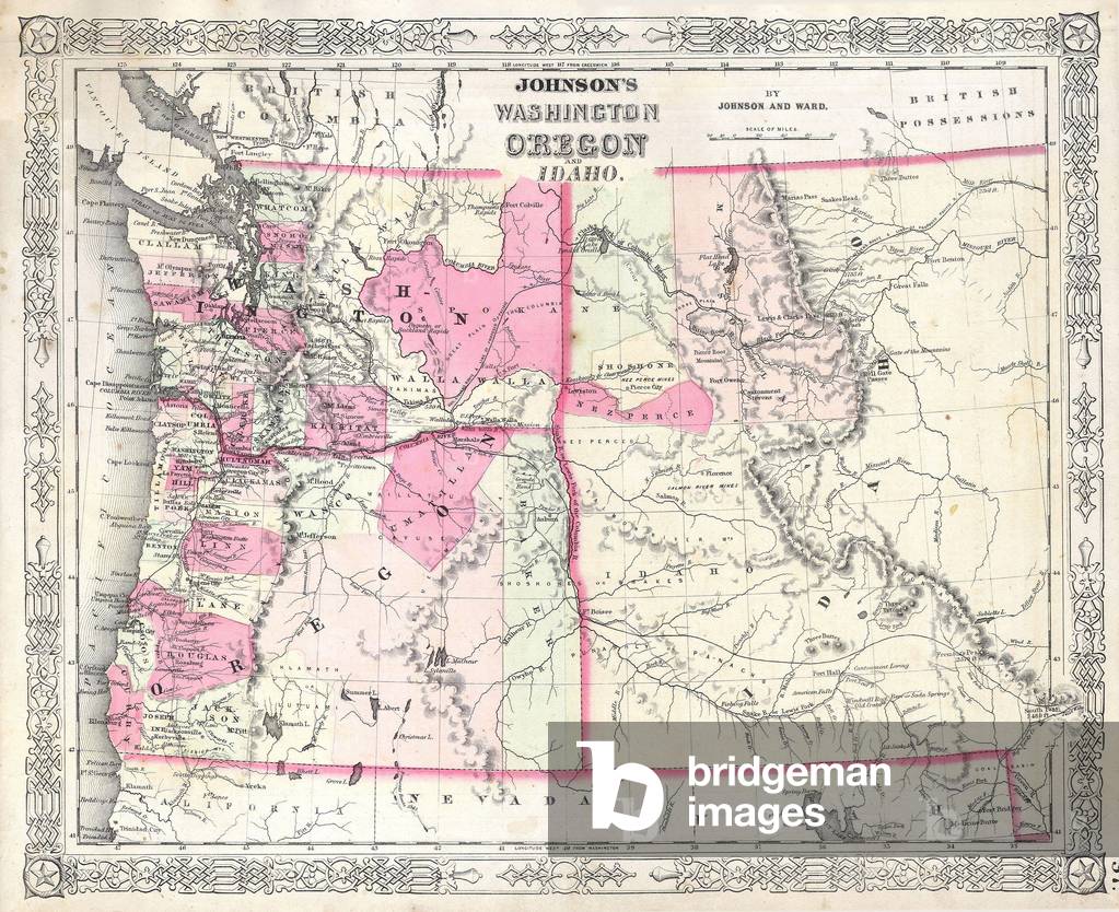 1864, Johnson Map of Washington, Oregon and Idaho, Wyoming and Montana