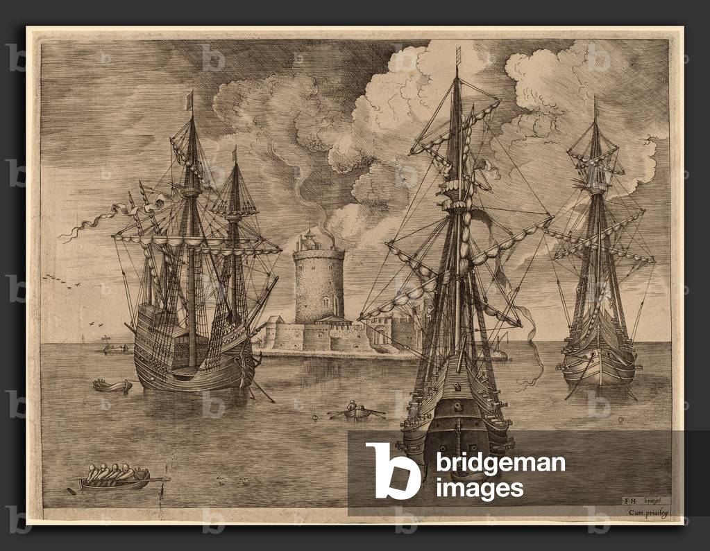 Frans Huys after Pieter Bruegel the Elder (Flemish, 1522 - 1562), Four-Master (Left) and Two Three-Masters Anchored near a Fortified Island with a Lighthouse, 1565, engraving ©LisztCollection/Leemage