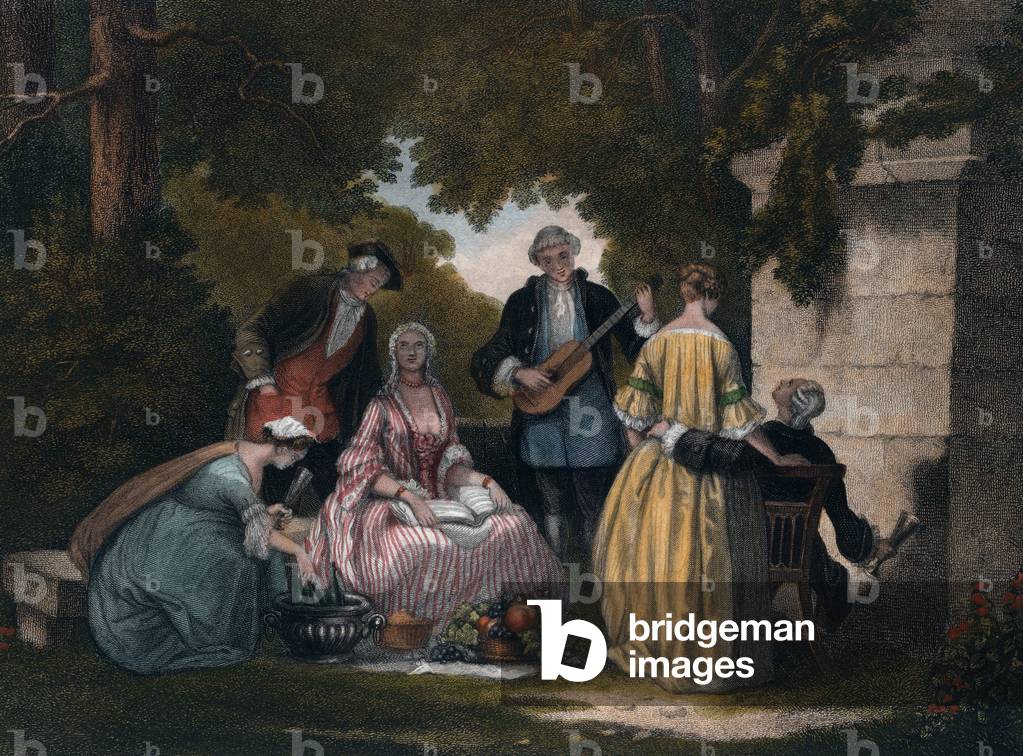 Wine, Music, Party, in the Garden, Wine Bottles, Grapes, Fruit Basket, Music Instrument, 19th Century, Liszt Gourmet Archive