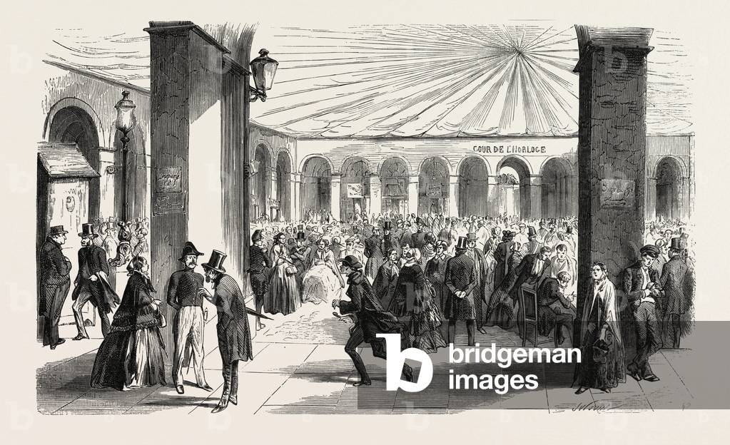 Subscribers to Borrow 750 Million at Night, under the Arches, and the Day in the Courtyard of the Ministry of Finance. France. Engraving 1855