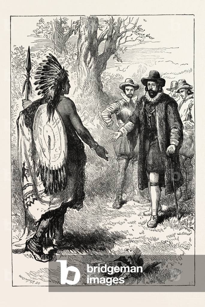 Reception of a Narragansett Warrior by John Winthrop (1587-1649) , Who Was a Wealthy English Puritan Lawyer and One of the Leading Figures in the Founding of the Massachusetts Bay Colony, 1870s Engraving