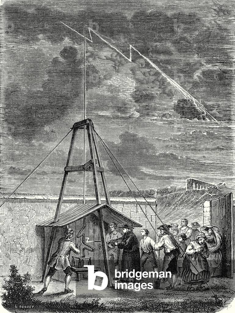 Experience of lightning rod, 10 May 1752 by Thomas Francois Dalibard in Marly, 19th century (engraving)