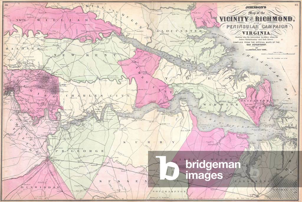 1862, Johnson's Map of The Vicinity Of Richmond and Peninsular Campaign in Virginia