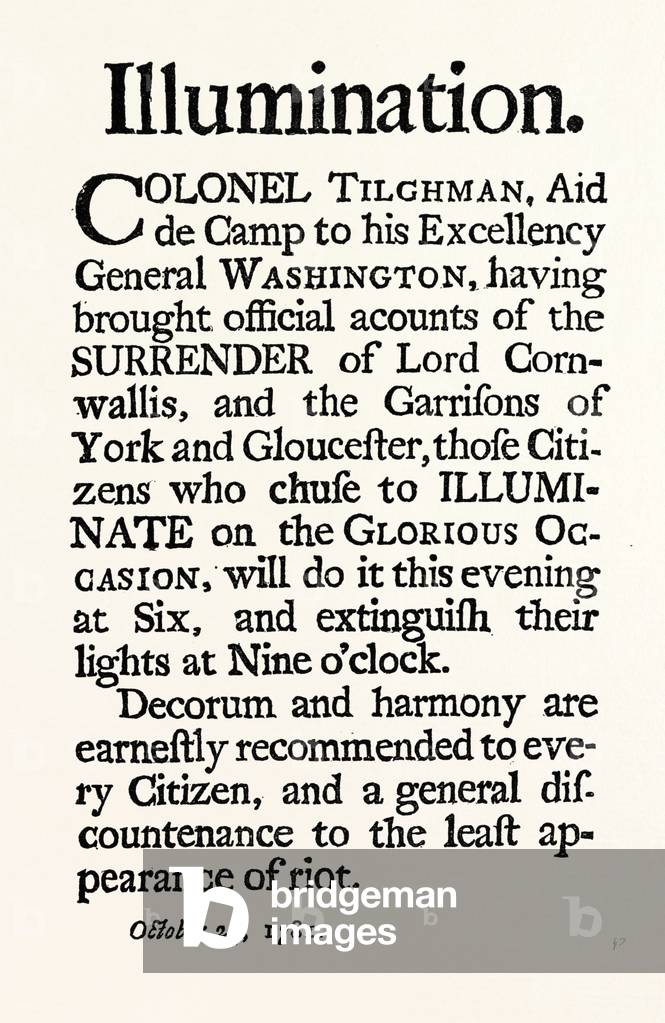 Reduced Facsimile of the Proclamation Respecting Illuminations on the Surrender of Cornwallis, US, USA, 1870s Engraving
