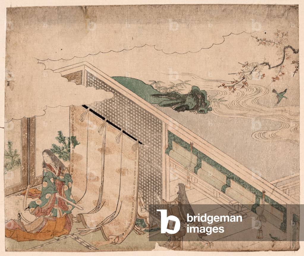 Ume Ni Uguisu O Nagameru Kanjo, Court Lady Watching a Bush Warbler. [Between 1830 and 1860], 1 Print : Woodcut Color ; 21.1 X 25.5 .