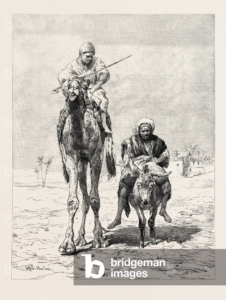 Fellaheen Riding to Market. Egypt, Engraving 1879