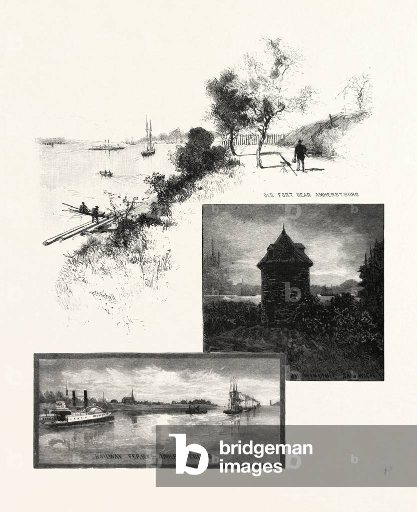 On the Banks of the Detroit, Railway Ferry, Amherstburg, Old Windmill, Sandwich, Old Fort near Amherstburg, Canada, Nineteenth Century Engraving