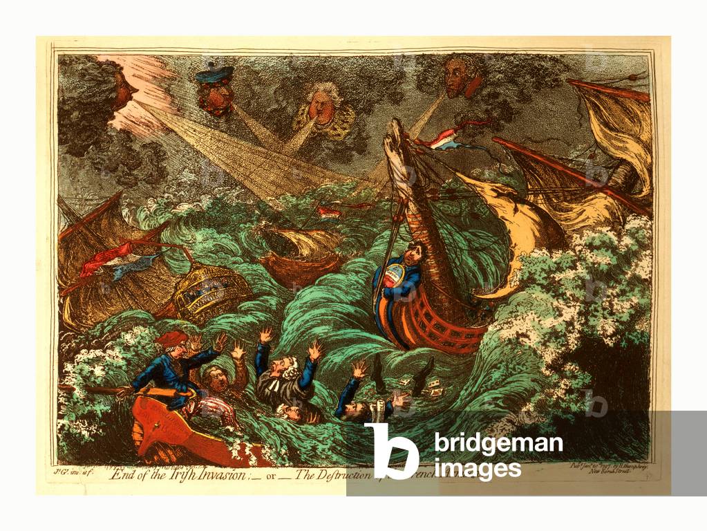 End of the Irish Invasion or  the Destruction of the French Armada, Gillray, James, 1756-1815, Engraver, London, Engraving 1797, French Warships Being Tossed About During a Storm Blown Up by Pitt, Dundas, Grenville and Windham, Whose Heads Appear from the Clouds. Charles Fox is the Figurehead on Le Revolutionaire which is Floundering with Broken Mast. The Revolutionary Jolly Boat is Being Swamped, Throwing Sheridan, Hall, Erskine, M.A. Taylor and Thelwall Overboard.