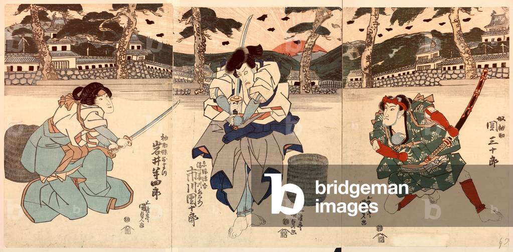 Seki Sanjuro Ichikawa Danjuro Iwai Hanshiro, the Actors Seki Sanjuro Toyokuni, 1786-1865, [Between 1818 and 1830], 1 Print (3 Sheets) : Woodcut, Color ; 37.2 X 25.7  (Left Panel), 36.5 X 25.7  (Center Panel), 36.3 X 25.3  (Right Panel)