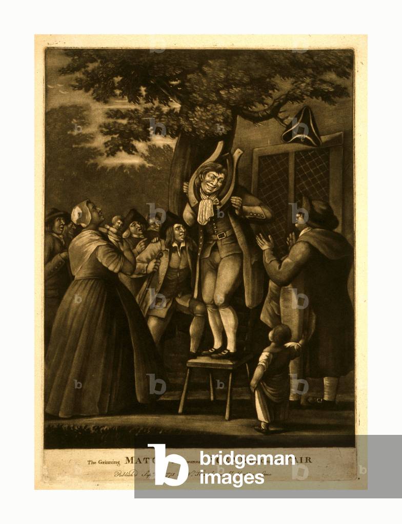 The Grinning Match, a Humourous Scene at a Country Fair, Engraving 1775, Mezzotint., a Man Stands on a Chair Beneath a Large, Spreading Tree on which a Tri-Corn Hat Hangs from a Limb, His Grinning Face Framed by a Horse-Collar, a Woman and a Man Look on in the Foreground, the Man Applauds, While a Crowd of Countrymen on the Left, in the Rear, Encourage Him with Laughter and Applause; with Building on the Right, in the Background.