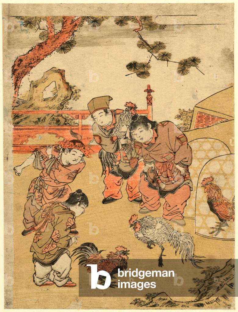 Karako No Tokei, Chinese Children at a Cockfight. [Between 1772 and 1774], 1 Print : Woodcut, Color ; 25.7 X 19.5 .