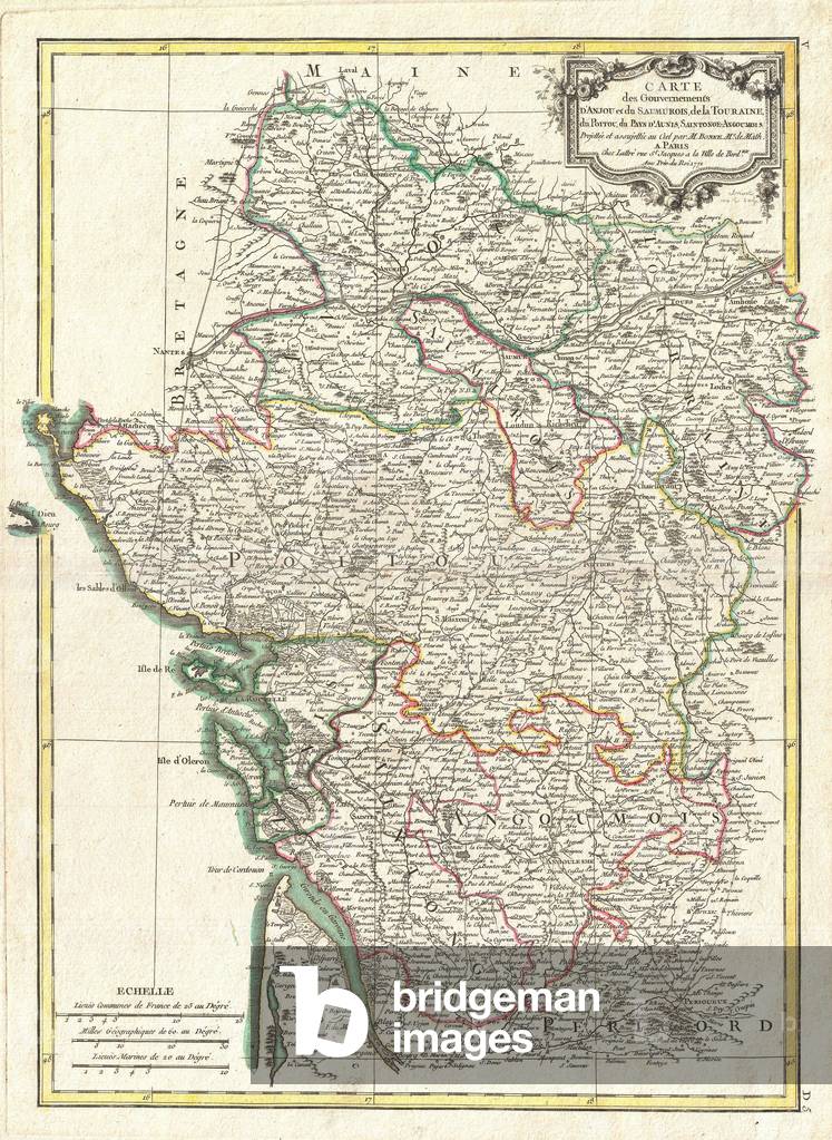 1771, Bonne Map of Poitou, Touraine and Anjou, France, Rigobert Bonne 1727 Ð 1794, one of the most important cartographers of the late 18th century