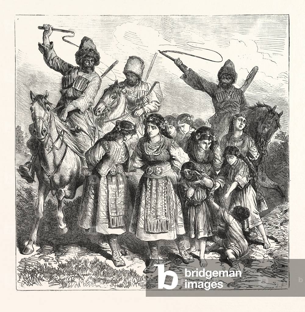 The Turko Servian War, Circassians Carying Off Bulgarian Women and Children, Engraving 1876, Turkey, Serbia