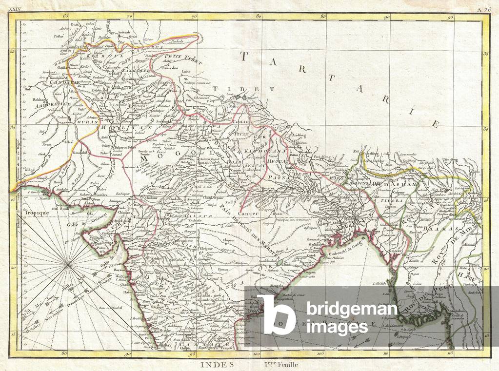 1770, Bonne Map of Northern India, Burma and Pakistan, Rigobert Bonne 1727 Ð 1794, one of the most important cartographers of the late 18th century