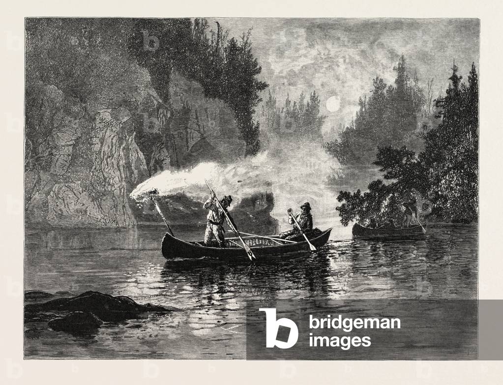 New Brunswick, Spearing Salmon by Night On the Restigouche, Canada, Nineteenth Century Engraving