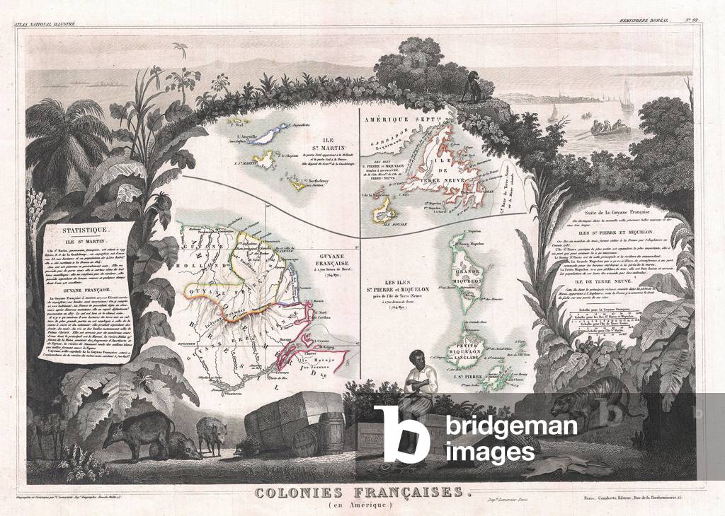 1852, Levasseur Map of Guyana, Miquelon, Newfoundland, and St. Martin