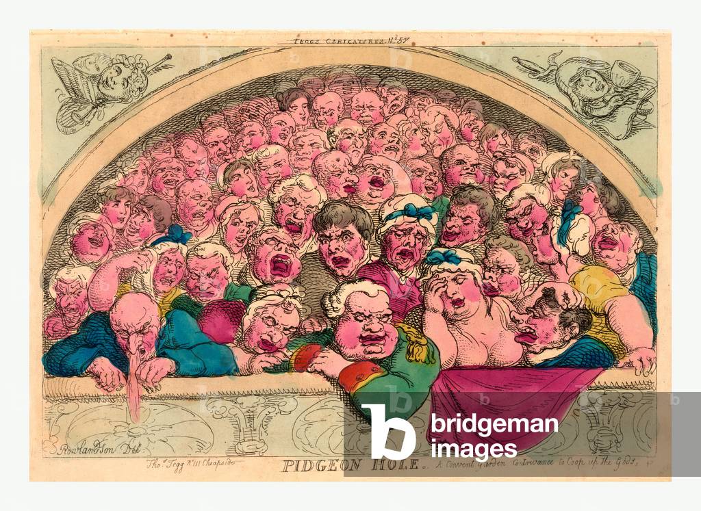 Pidgeon Hole. A Convent [Sic] Garden Contrivance to Coop Up the Gods, Rowlandson, Thomas, 1756-1827, Engraving 1811, a Close-Up View of One of the 'Pigeon Holes' which Flanked the Upper Gallery at Covent Garden