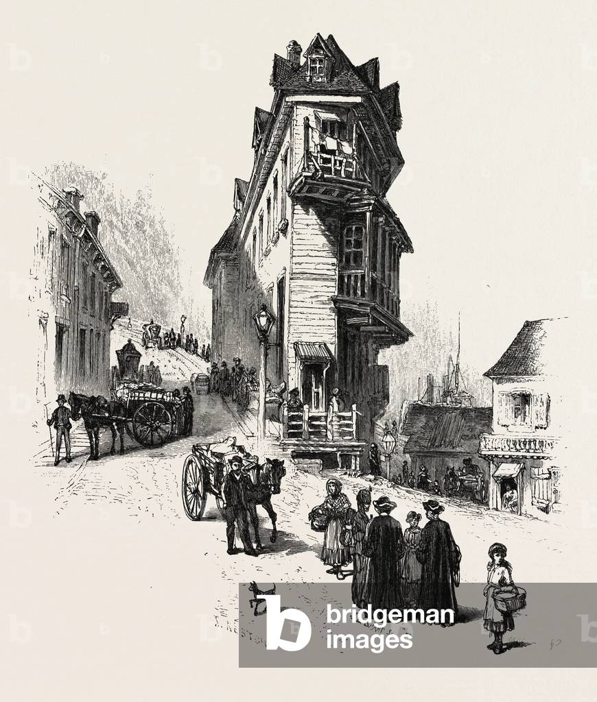 French Canadian Life, Old Houses at Point Levis, Canada, Nineteenth Century Engraving