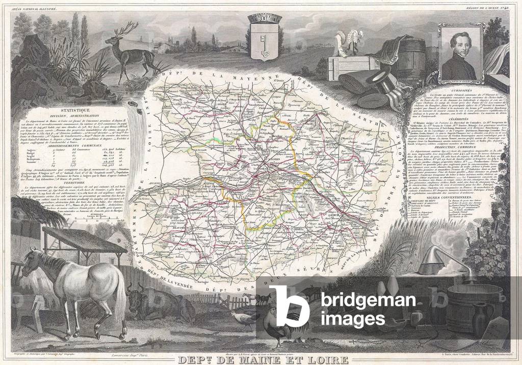 1847, Levasseur Map of Dept. Maine et Loire, France