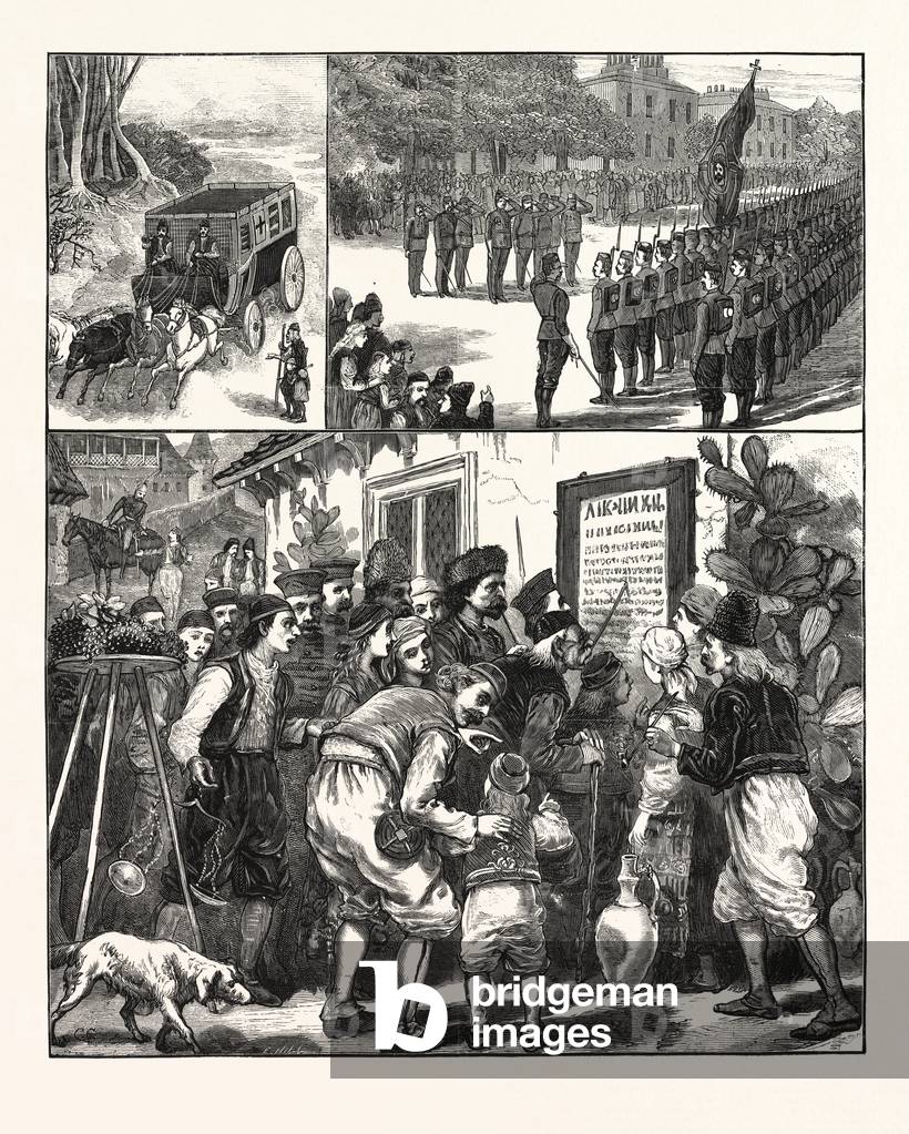 The Turko-Servian War, Prince Milan and Staff Saluting the Sacred Flag of Russia, Village of Semendria, Reading Accounts of the Last Battle, Engraving 1876