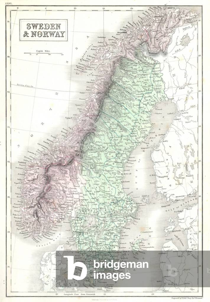 1851, Black Map of Norway and Sweden, Scandinavia