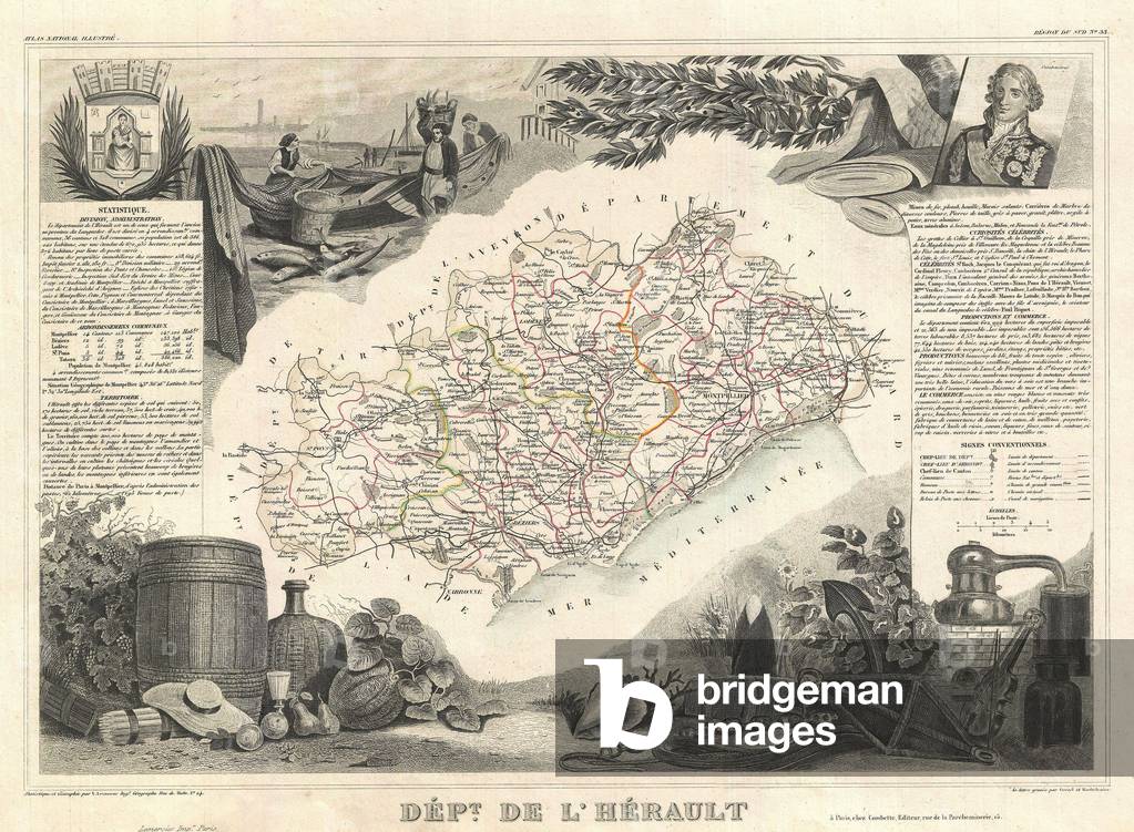 1852, Levasseur Map of the Department de L'Herault, France, Languedoc Wine Region